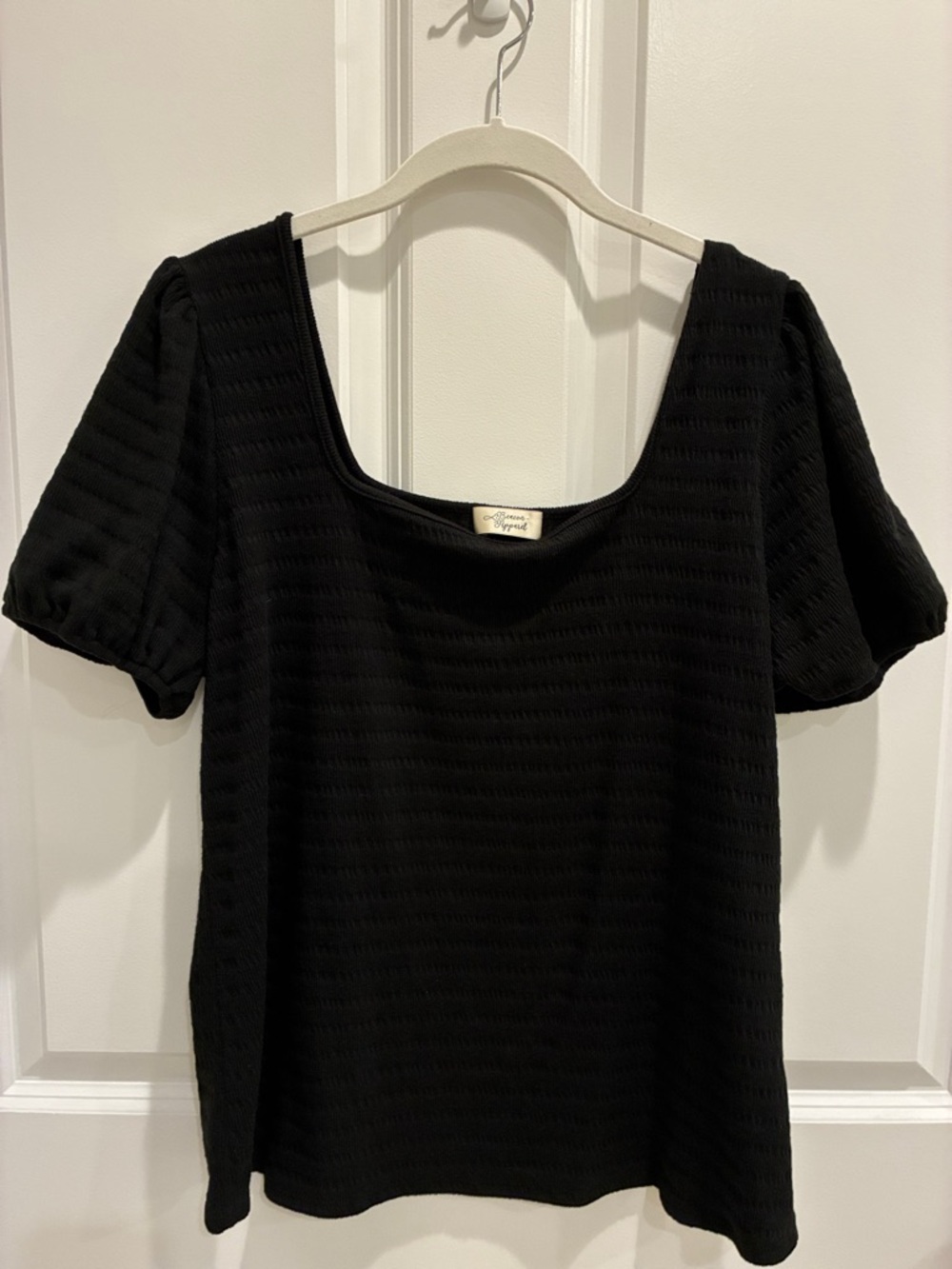 Women's Black Scoop Neck Textured Short Sleeve Top
